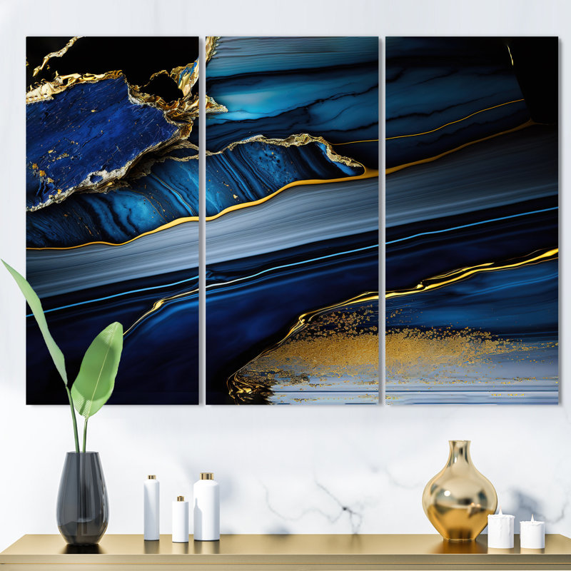 «Abstract Geode Geometric Blue II», reproduction sur toile 3 pièces, H 28 po x l 36 po x P 1 po, Toile tendue