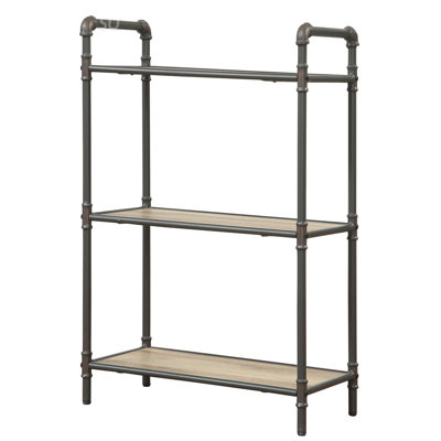 Bibliothèque à 3 niveaux de style industriel avec finition chêne antique et gris sableux, structure en métal robuste pour un rangement et une présentation polyvalents