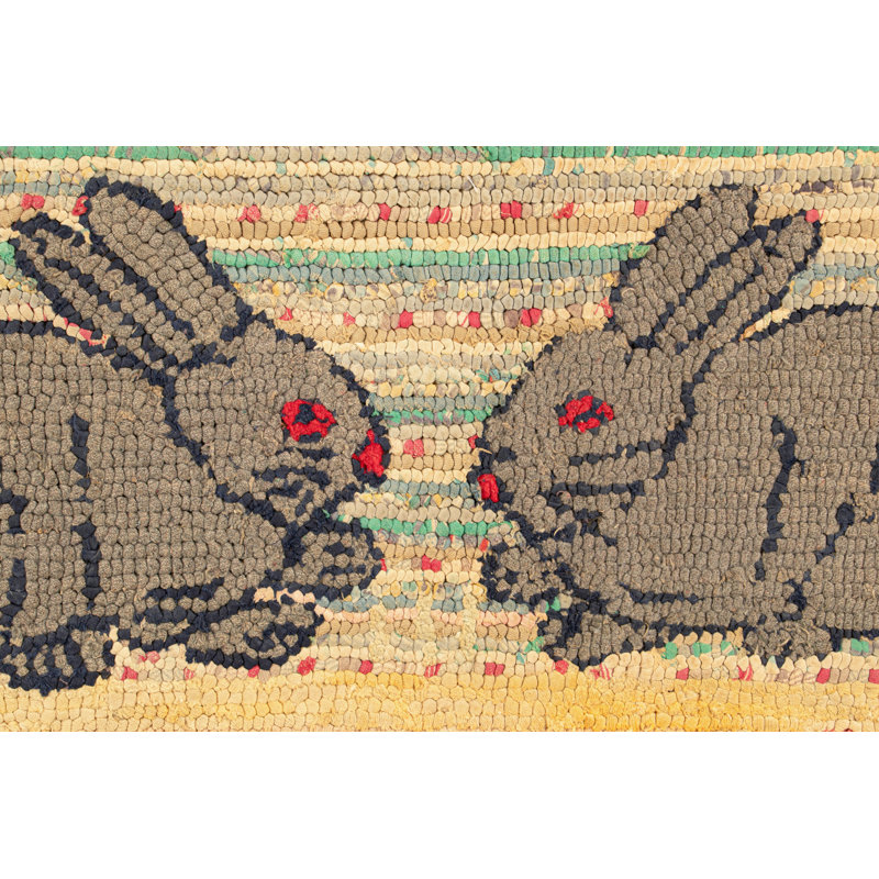 Antique Hooked Rug In Colorful Twin Rabbit Pictorial - Rug & Kilim