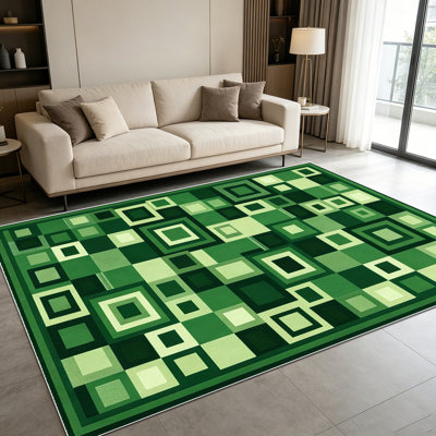 Tapis de mosaïque géométrique carré 1 pièce vert imbriqué pour le salon, doux et confortable, convient à toutes les saisons, facile à entretenir, tapis de sol intérieur lavable à la machine, sous la table de ferme convenant à la salle à manger, la chambre à coucher, la cuisine, le vestibule,