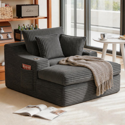  Très grande méridienne intérieure, canapé-lit rembourré 67 po avec porte-gobelets et 3 coussins, canapé-lit à dossier profond en velours côtelé désossé pour le salon, fauteuil de lecture sans assemblage, gris