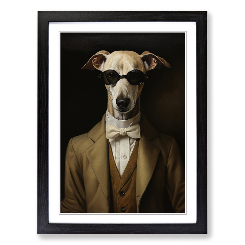 Whippet Classicism - Single Picture Frame Print on Wood, Black, 46cm H x 34cm W x 2cm D