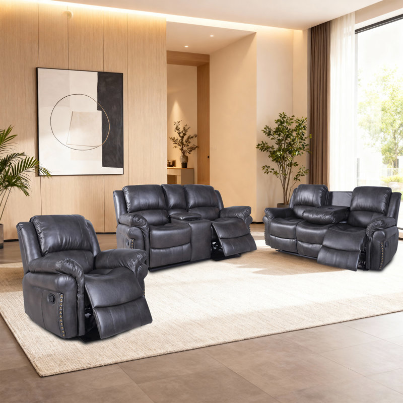 Ensemble de canapé inclinable manuel en similicuir: 3 places avec table rabattable, 2 places avec console et fauteuil inclinable simple - gris
