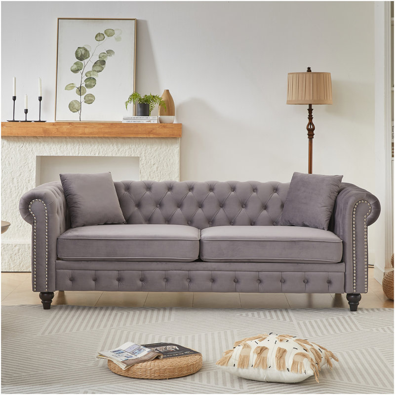 Canapé Chesterfield 85,5 po en velours avec accoudoirs roulés et canapé 3 places, Gris
