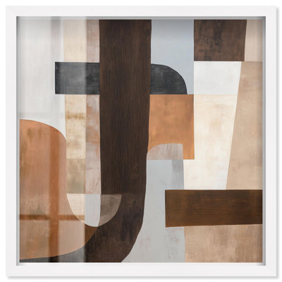 Art mural moderne brun et beige Shadowbox par Art Remedy, cadre blanc, 13 x 13