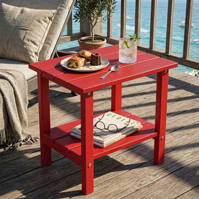 Table de bout extérieure à 2 niveaux Adirondack, table de bout de patio en PEHD toutes saisons, Blanc / bleu sarcelle