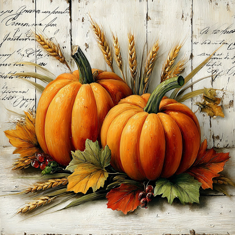 «Pumpkins and Wheat Script», art mural sur toile tendue, H 40 po x l 40 po