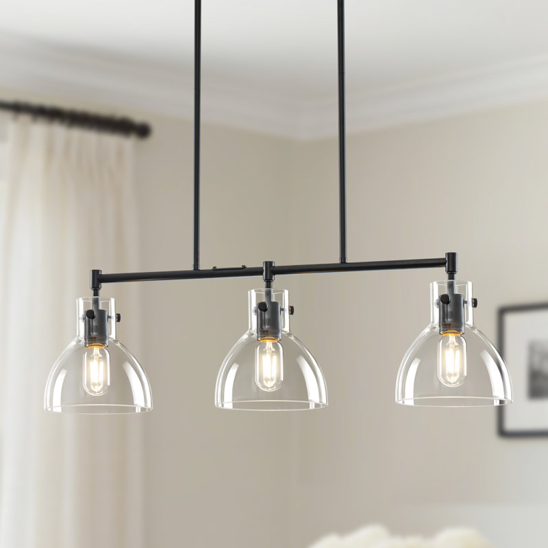 Luminaire suspendu linéaire à 3 lumières pour îlot de cuisine avec abat-jour en verre transparent, Matte Black