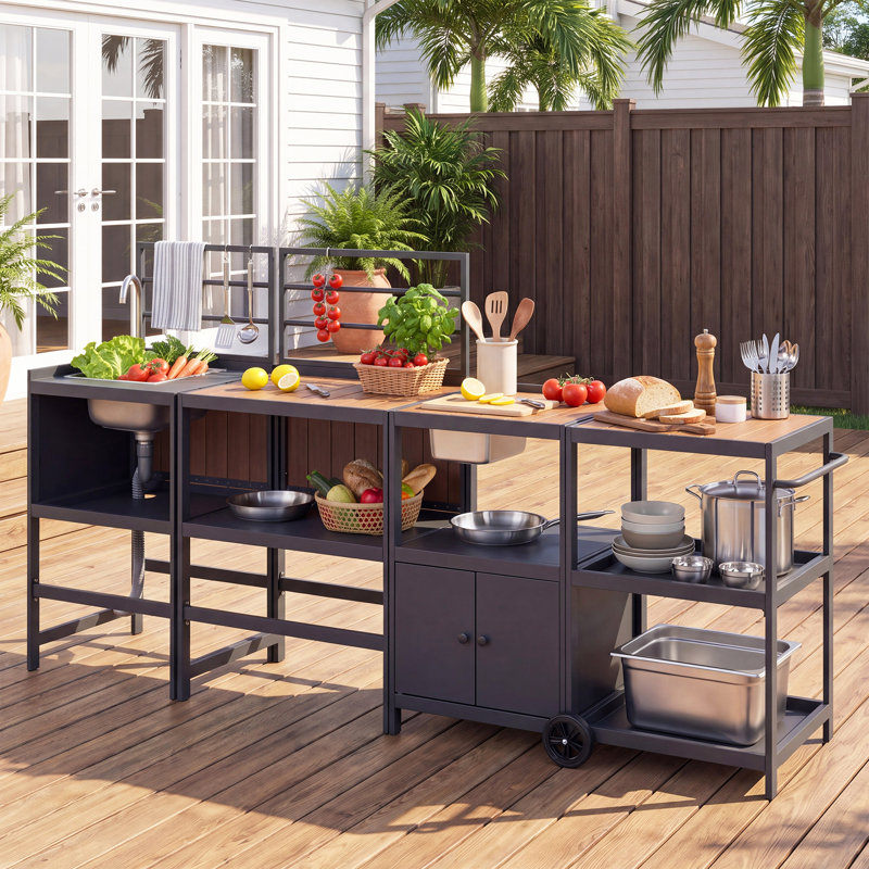Îlot de cuisine d'extérieur modulaire en aluminium 5 pièces avec évier, ensemble d'armoires antirouille et résistantes aux intempéries pour patio et jardin