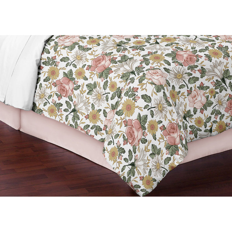 Pink and Green Floral Microfiber Full Bedding Set