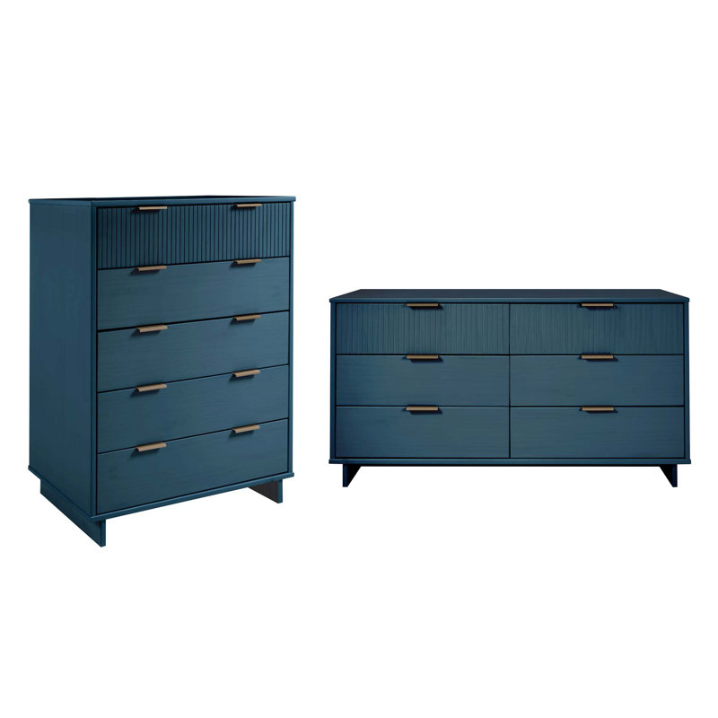 Ensemble de chambre à coucher 2 pièces en bois massif avec commode et commode Granville, Bleu minuit
