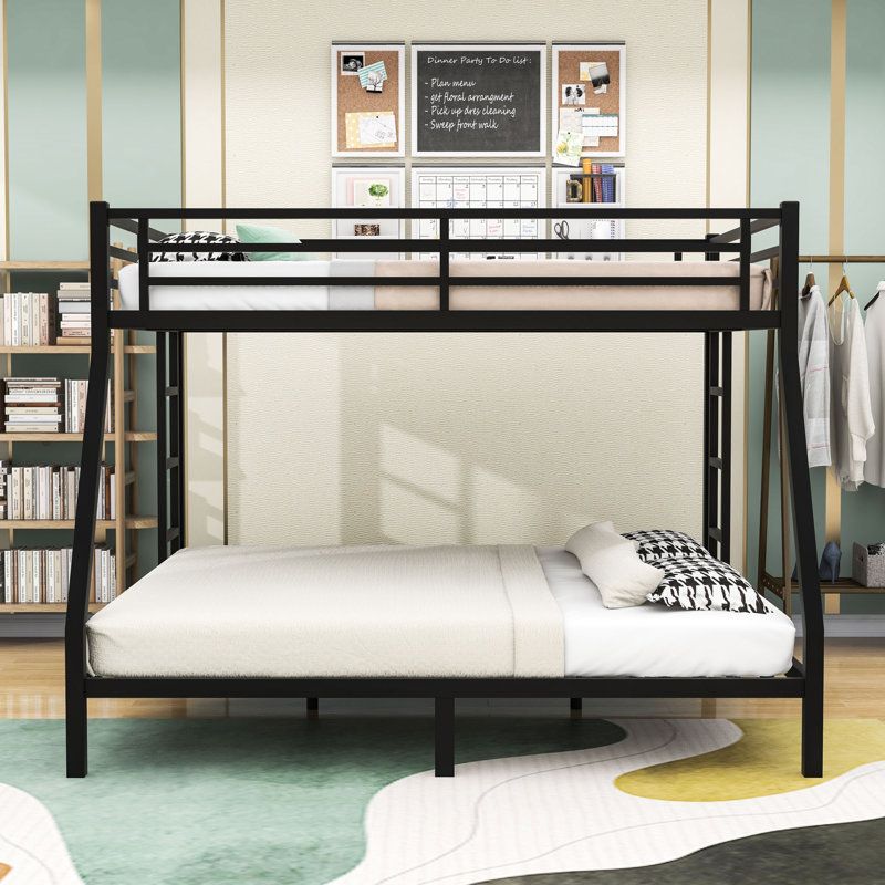  Metal Bunk Bed with Guardrails, Queen Over King, Black