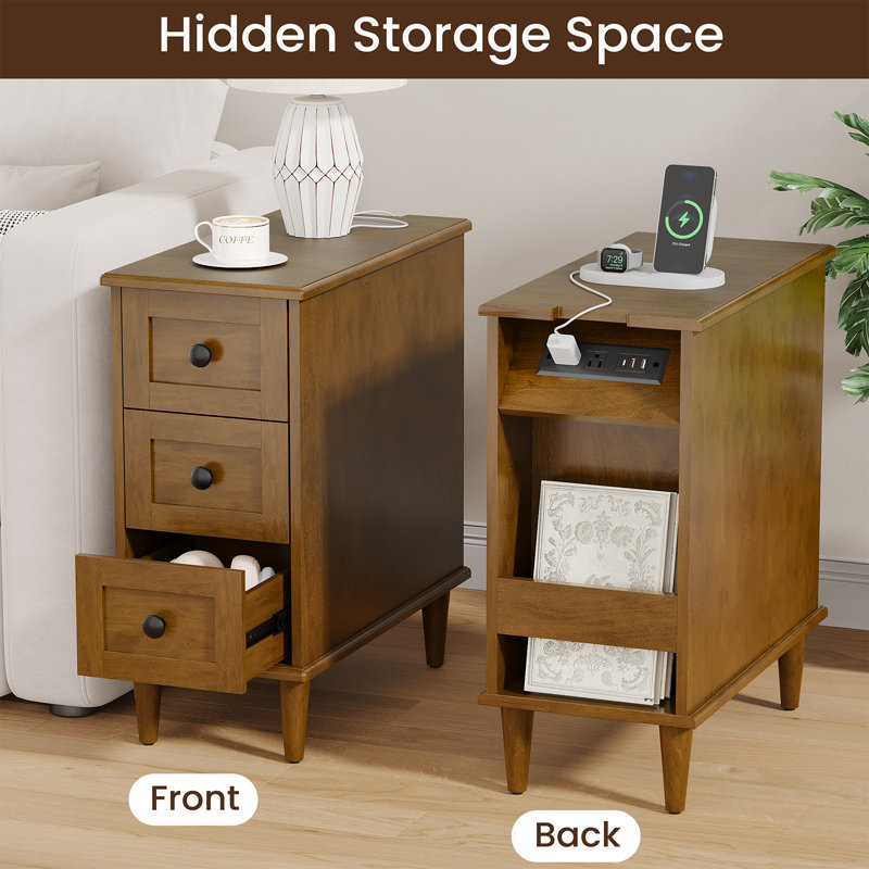 End Table with Storage and Built-In Outlets for Living Room,3 Drawer Nightstand for Bedroom,Office, Brown
