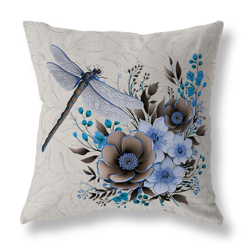 Coussin décoratif intérieur / extérieur Dragonfly Haven, H 16 po x l 16 po, Brun / beige / cyan