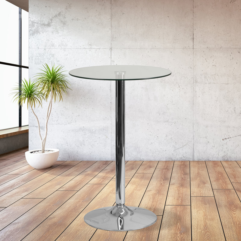 Helmscott Round Glass Event and Cocktail Table with Chrome Base, Bar Height (41.75" Height)
