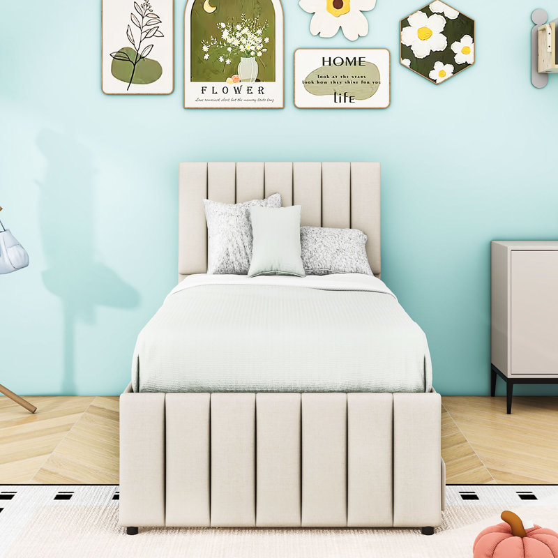 Lit plateforme tapissier à 3 tiroirs avec lit gigogne, Beige, Simple