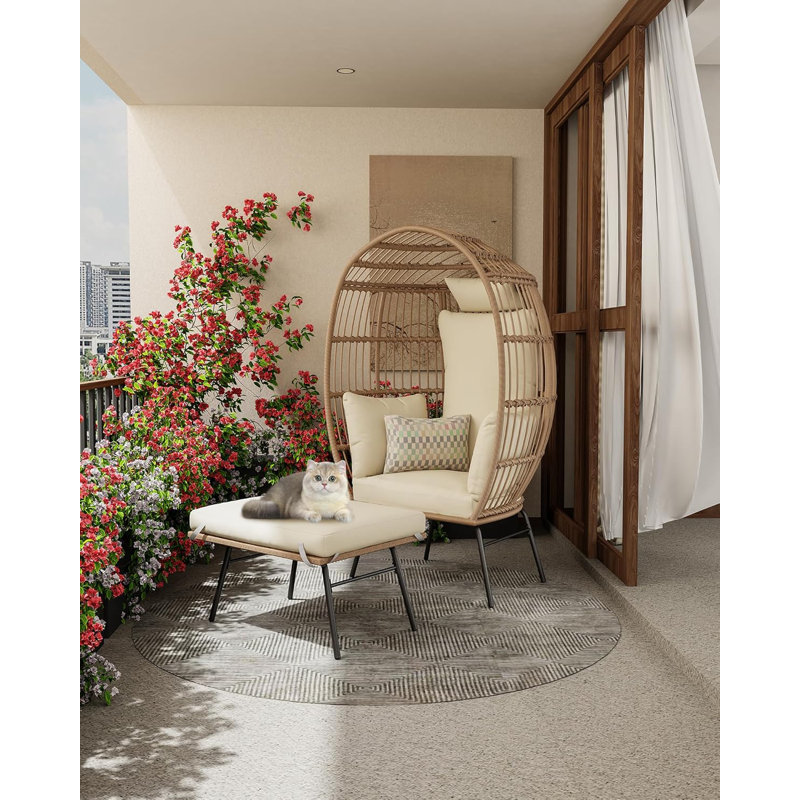 Indoor/Outdoor Oversized Wicker Egg Chair with Ottoman, Waterproof UV Resistant Patio Lounge Chair with Beige Cushions, Accent Furniture for Garden, Balcony, Living Room