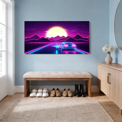 Neon Retro Futuristic Car Sunset Landscape Canvas Wrapped Wall Art Oil Painting Print Set Of 1