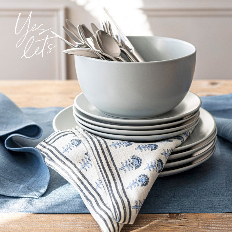 over&back Washed 100% Linen Table Runner - Machine Washable, Blue, 18" W x 108" L