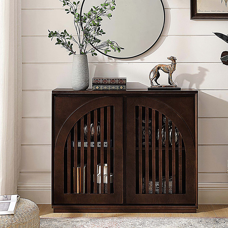 Mid Century Modern Fluted Sideboard Cabinet, Buffet Cabinet with Storage, Narrow Side Cabinet Accent Cabinet, Dark Walnut