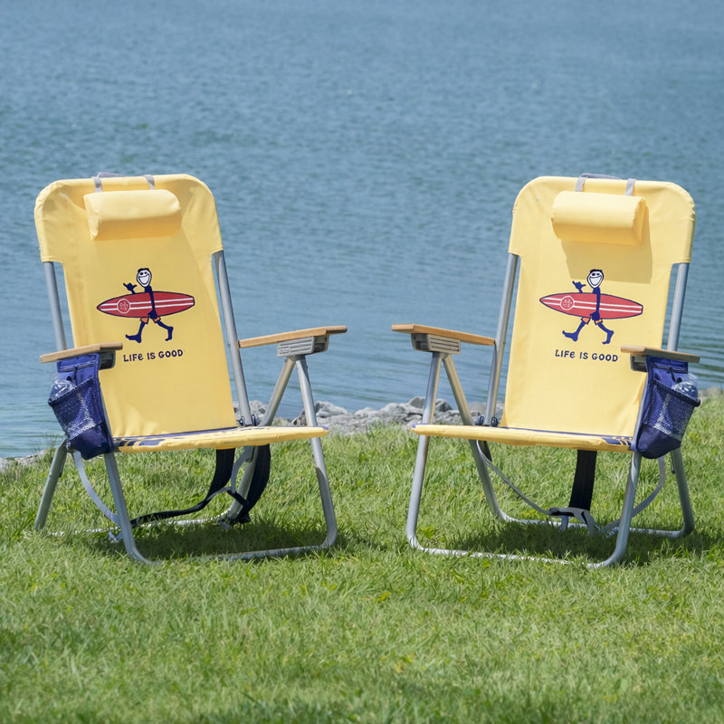 Life Is Good 4-Position Backpack Aluminum Beach Chair With Pillow And Cup Holder Yellow And Navy Blue 2 Pack