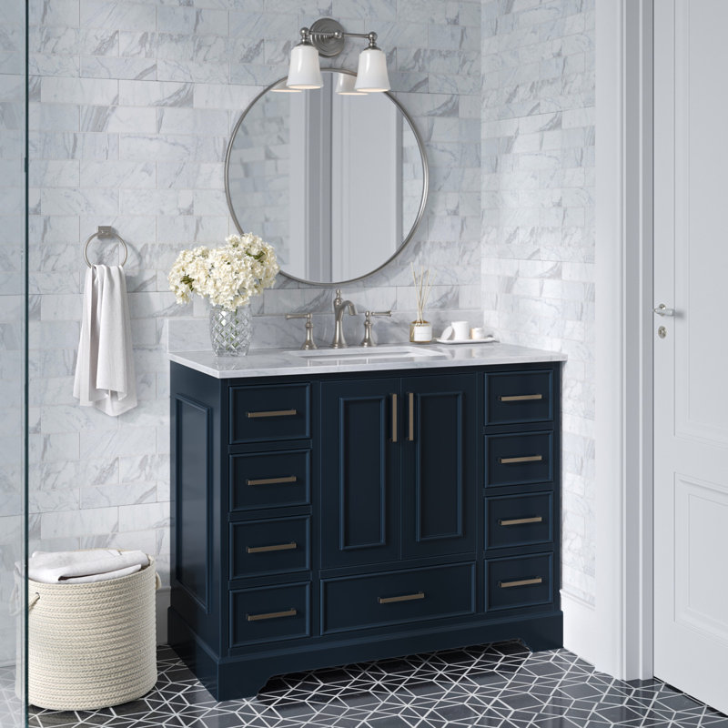 43'' Single Bathroom Vanity with Carrara Marble Top, Midnight Blue