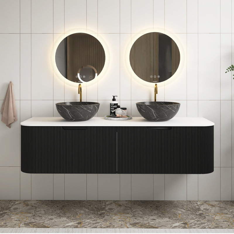 Meuble-lavabo noir 60 po avec éviers, meuble de rangement mural rayé à bords arrondis avec 2 tiroirs, 2 lavabos en céramique à motif de pierres, pré-assemblé