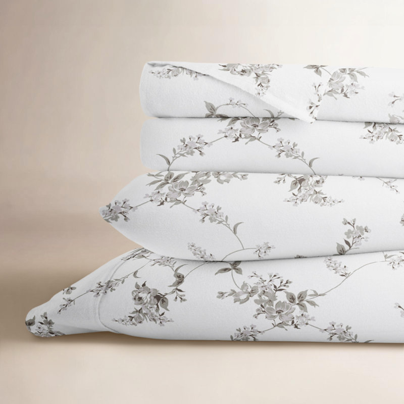 Ensemble de draps en flanelle de coton Varkala, Light Grey / Sylvan Rose, Ensemble de draps pour grand lit