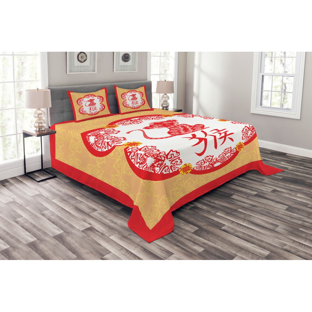 Tagesdecke Set, Volkskunst Affe und Symbole, Asiatisch, Senf und Vermilion