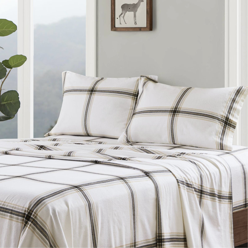 Drap de grande taille en flanelle 100% coton brun clair 4 pièces sans substances nocives Lavable à la machine avec 1 drap-housse l 60 po x L 80 po + P 14 po 2 taies d'oreiller l 20 po 30 po L 90 po l 102 po