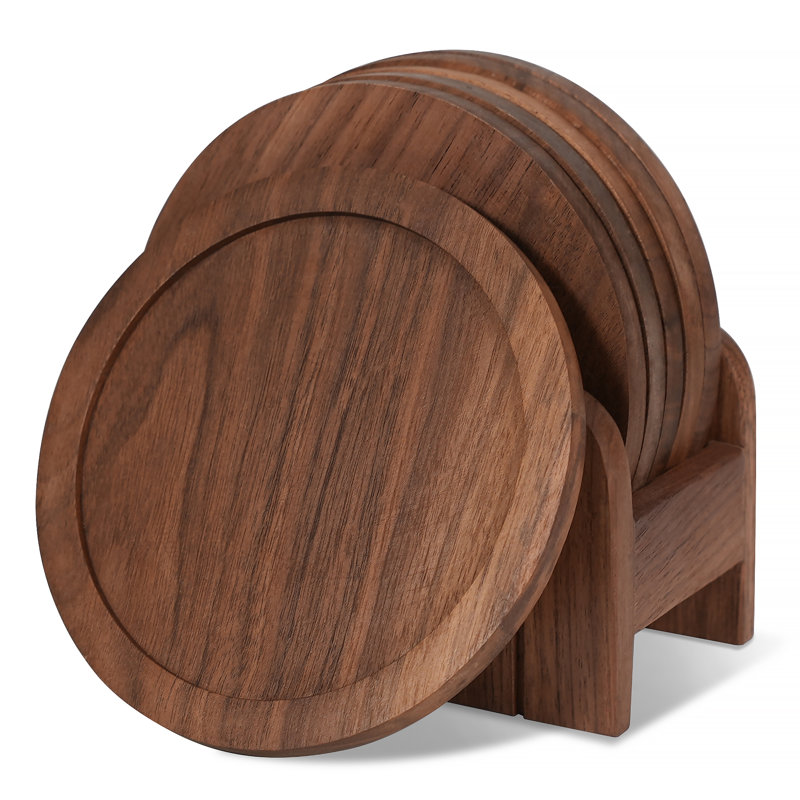 Walnut 4-3/4" Hardwood Coaster Set with Holder