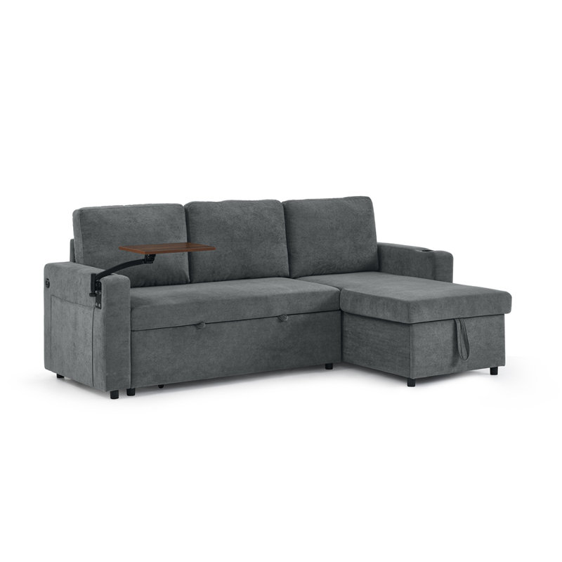 Modern Chenille Multi-functional Pull-Out Bed Sofa with Retractable Table and LED Lighting USB Charging Ports and Cup Holders