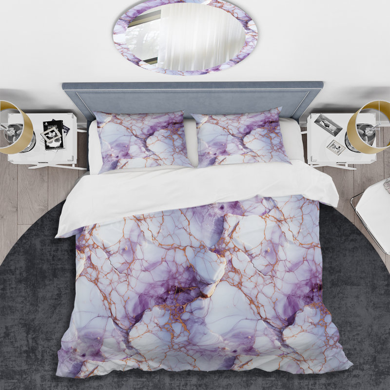 Abstract Duvet Cover Set - Crystal Vein Gold And Purple Marble Pattern, King Duvet Cover + 2 King Shams