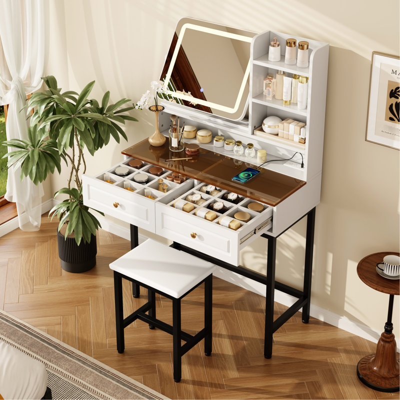 Makeup Vanity With 3 Lighting Modes Led Mirror, 2 Drawers, - Tier Shelving, Amber Glass Table, Built In Charging, Metal Legs, Stool, White Dressing Table 360 Adjustable Color Lighting, Visible