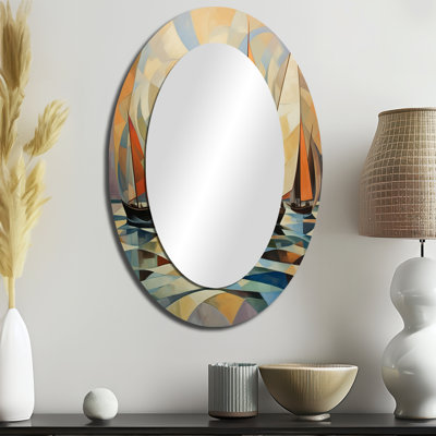 Abstrait voiliers au coucher du soleil minimaliste cubiste III - décor de miroir mural ovale brun