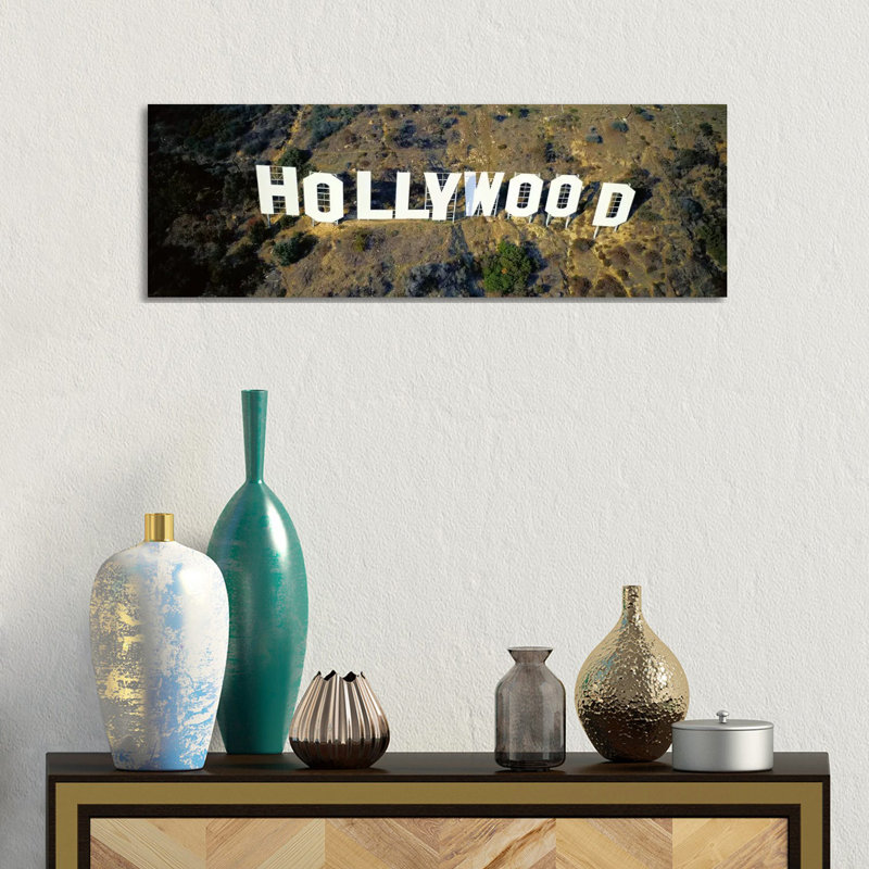 USA, California, Los Angeles, Aerial View Of Hollywood Sign At Hollywood Hills - Wrapped Canvas Panoramic Print