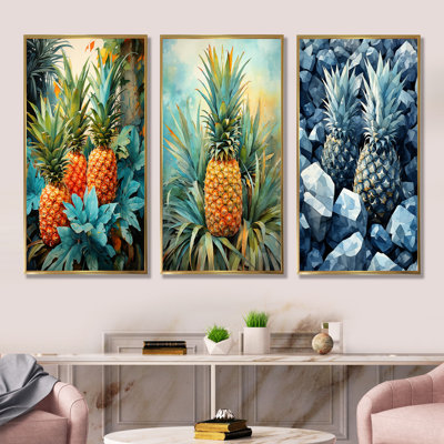 Ananas vert et bleu, paradis tropical I - fruits, ensemble de 3 reproductions d'art mural