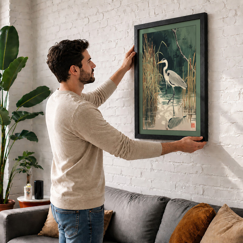 Heron in Still Waters Japandi - Framed Print, A2 - 59.4 x 42.0 cm, Walnut