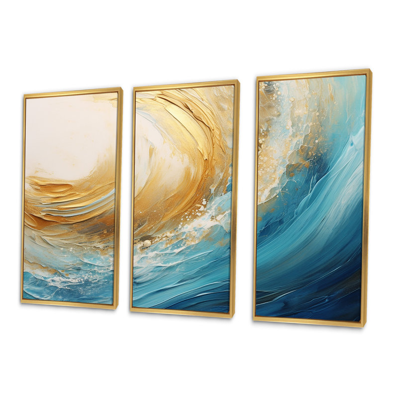 Golden Sapphire Surge V - Abstract Art, Cadre flottant doré, H 32 po x l 48 po x P 1 po