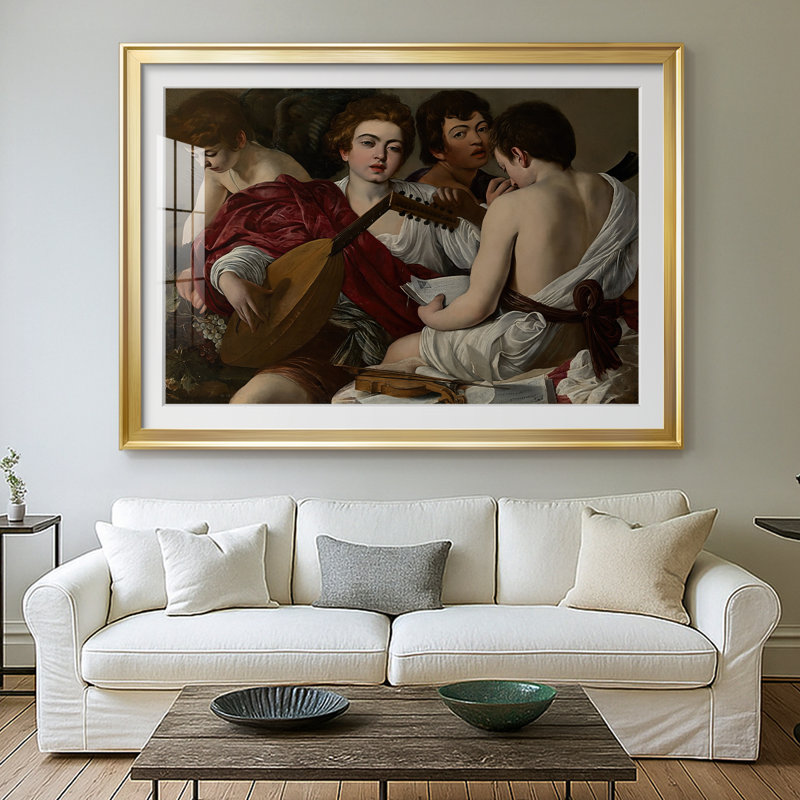 The Musisans-Caravaggio-Reproduction encadrée avec passe-partout et verre-c. 1595, 26,5 x 36,5, Impression encadrée, Doré