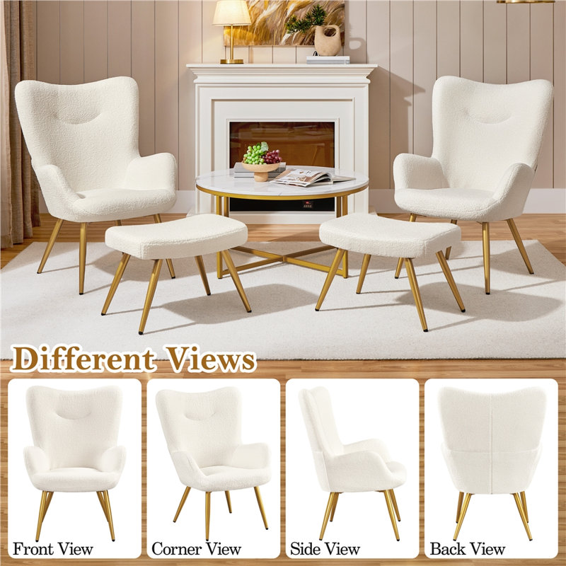 Boucle Accent Chair, Upholstered Armchair with Footstool, Ivory