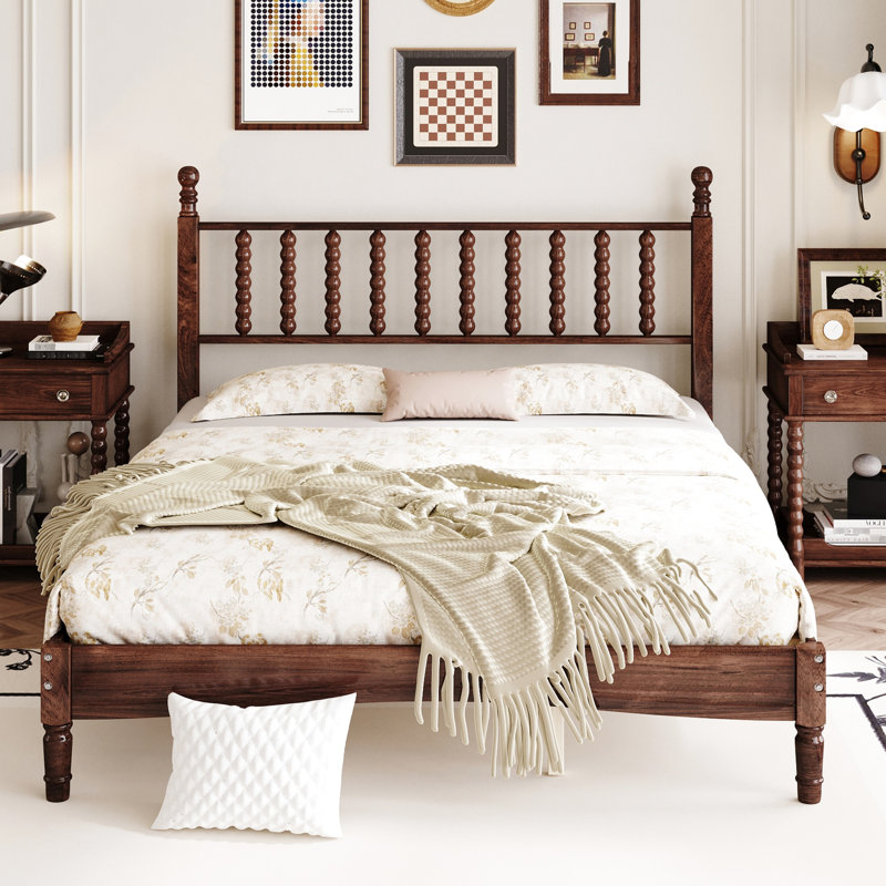 Grand lit avec tête de lit en forme de gourde, style rétro, lit en bois de style noyer, aucun sommier requis, fabrication en bois,