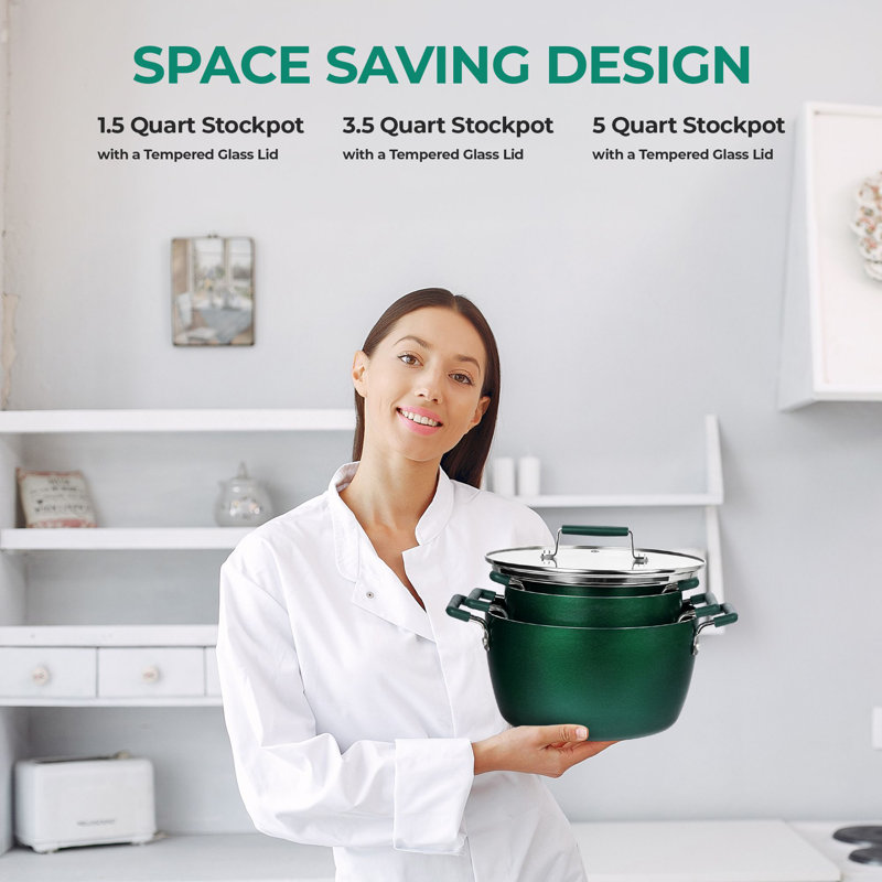 6 pots gigognes empilables avec couvercles Granitestone, lavables au lave-vaisselle, Vert