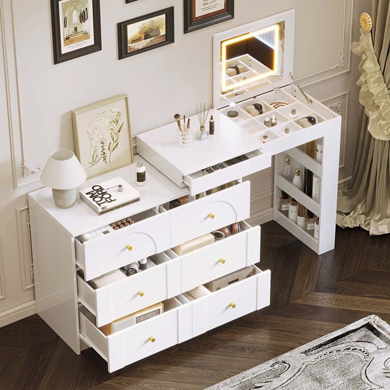 Makeup Vanity with Lighted Mirror, Flip-Top Tabletop, 7 Drawers,9 Compartments, for Bedroom, White
