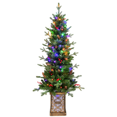 Arbre de Noël vert illuminé 4 pi avec base scintillante - 100 lumières à DEL multicolores, 396 pointes, baies rouges et pommes de pin, branches pleines en PE / PVC, pot lumineux festif