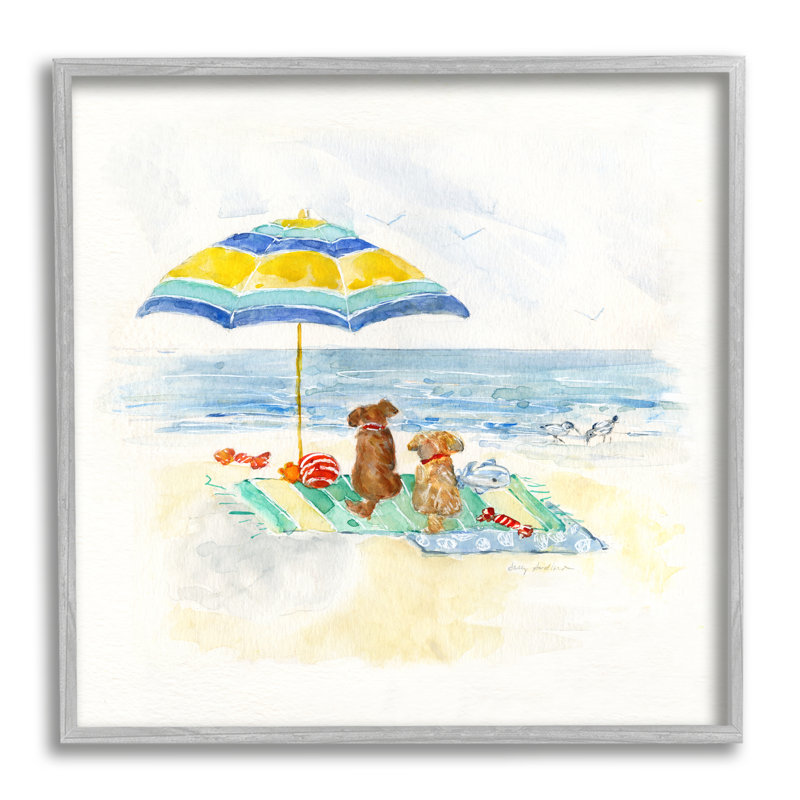 Mignon chien ludique relaxant au bord de la plage par Sally Swatland - Peinture, H 24 po x l 24 po x P 1,5 po