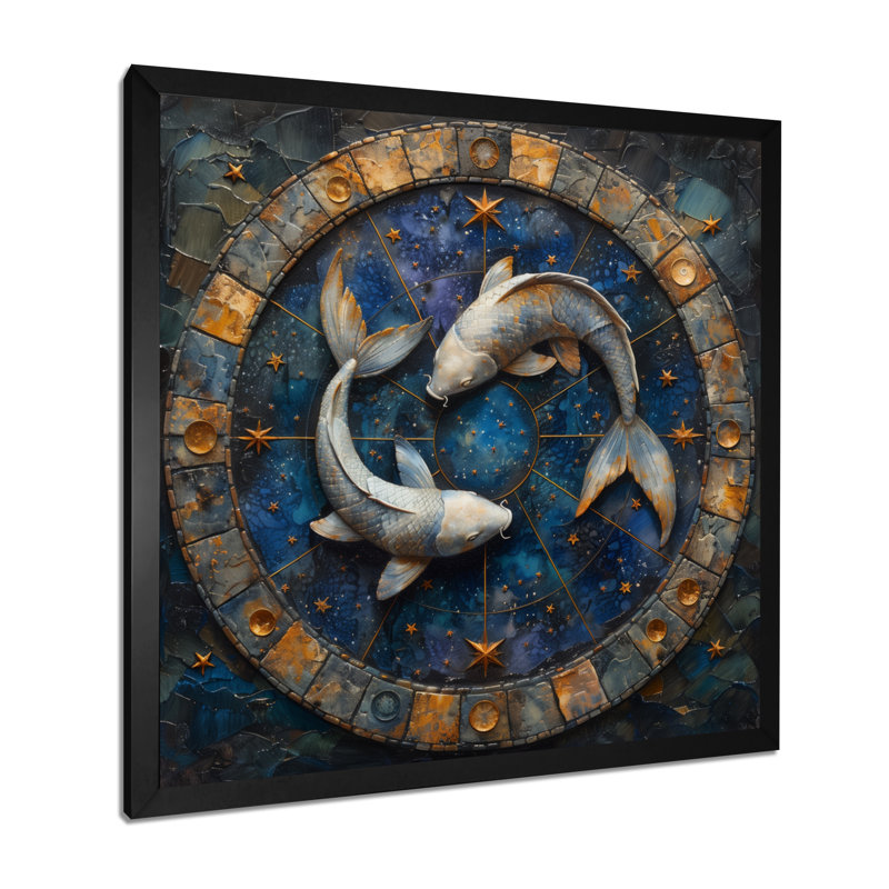 «Blue Pisces Astrology Cosmic Compass I - Astronomie, art mural, H 16 po x l 16 po, Cadre simple noir