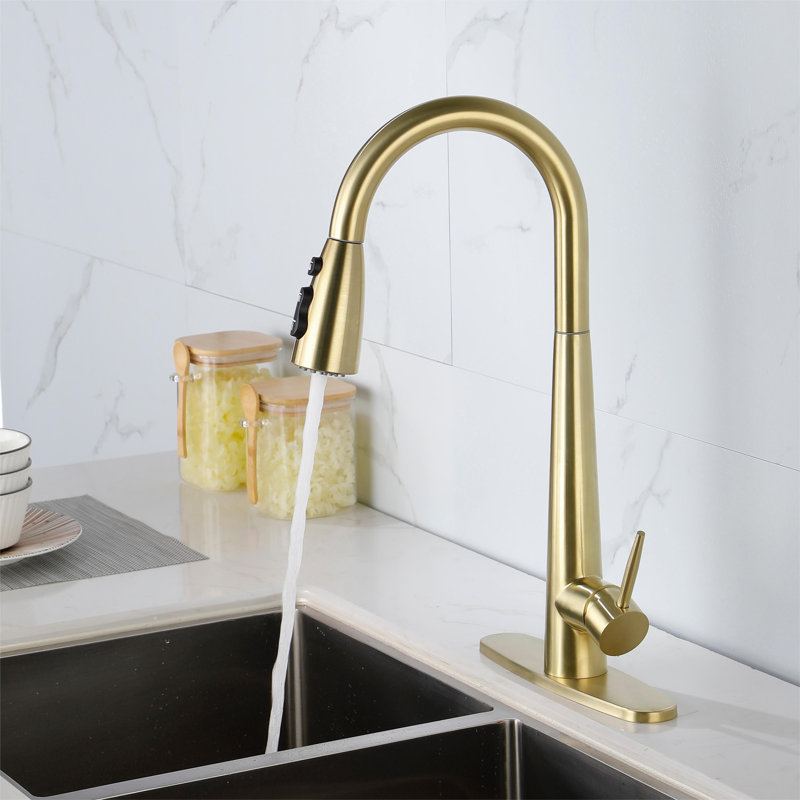 Topcraft Pull Down Single Handle Kitchen Faucet with Deck Plate, Gold