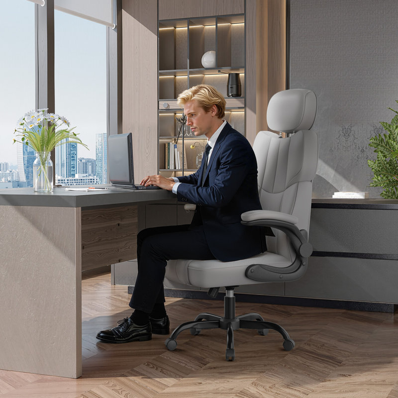 Ergonomic High-Back Office Desk Chair with Lumbar Support and Flip-Up Armrests , Light Grey