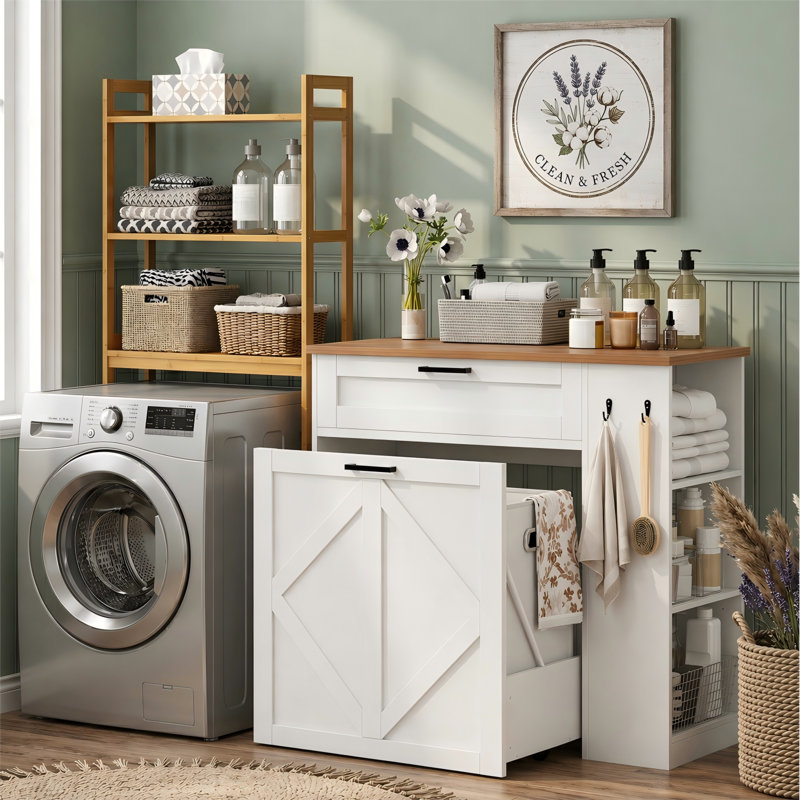 Armoire à linge, armoire à linge double avec paniers de 2 x 11 gallons, armoire à linge coulissante avec 3 tablettes réglables, 2 crochets et tiroir